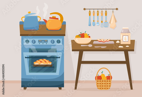 Flat kitchen concept with table and kettle and pot on stove. Interior items of midcentury cook room cozy design with dishes and tableware. Vector cartoon illustration with apple pie cooking in oven