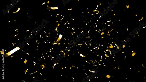 Gold Confetti Falling on a a Black, Green, Blue and White Background.