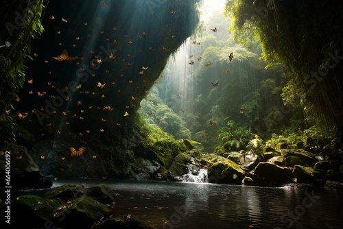 A mesmerizing fairy tale: butterfly guided to hidden waterfall paradise with breathtaking visuals. Generative AI