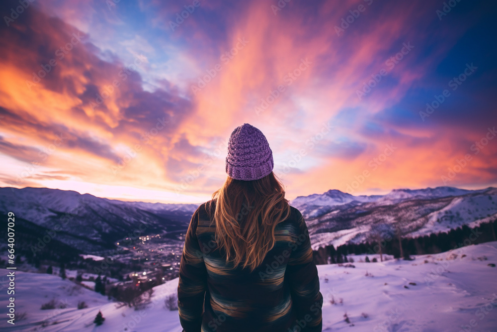 Young woman standing on mountains during sunset in winter