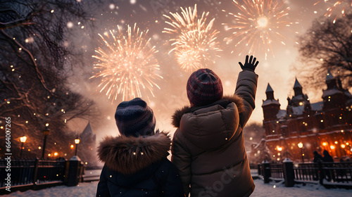 Wide-eyed Delight, A Child's First New Year Fireworks Display in a Snowy Park
