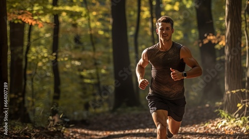 Young Man Running In Wooded Forest Area - Fitness Healthy Lifestyle Concept