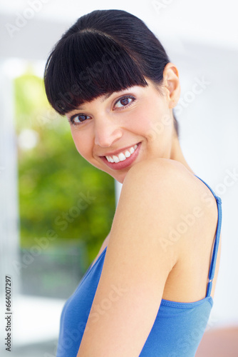 Happy, pride and portrait of woman in a house with joyful, cheerful and optimistic facial expression. Smile, happiness and young female model with satisfaction face in living room in a modern home. Free Download Happy, pride and portrait of woman in a house with joyful, cheerful and optimistic facial expression. Smile, happiness and young female model with satisfaction face in living room in a modern home. - GFXLoad