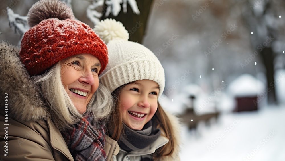 Portrait of happy mother and daughter in winter park on snow background
