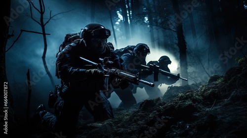 Special forces soldier with assault rifle in dark forest.