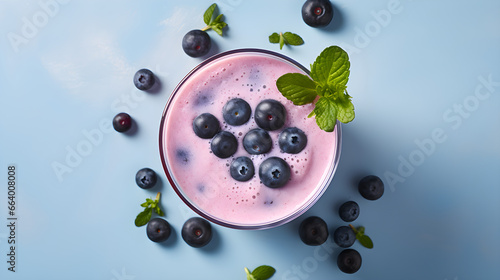 Glass of bluebery smoothy, flat lay, morning healthy breakfast, natural lighting, bright food photography, professional photography, high quality, Food magazine photography