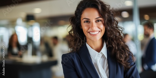 Portrait of beautiful businesswoman smiling at camera while standing in office
