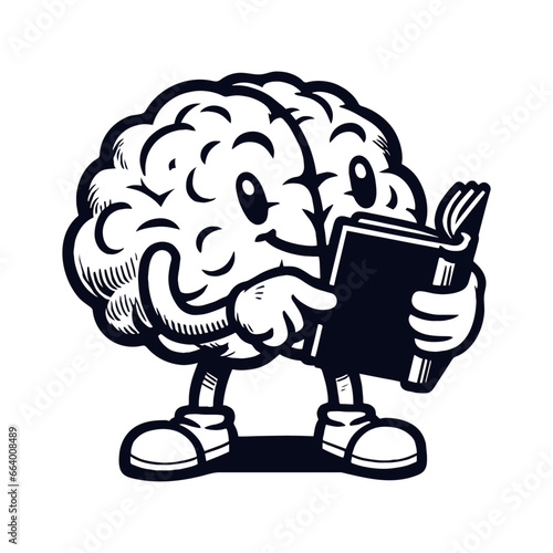 brain character holding a book funny sketch, logo