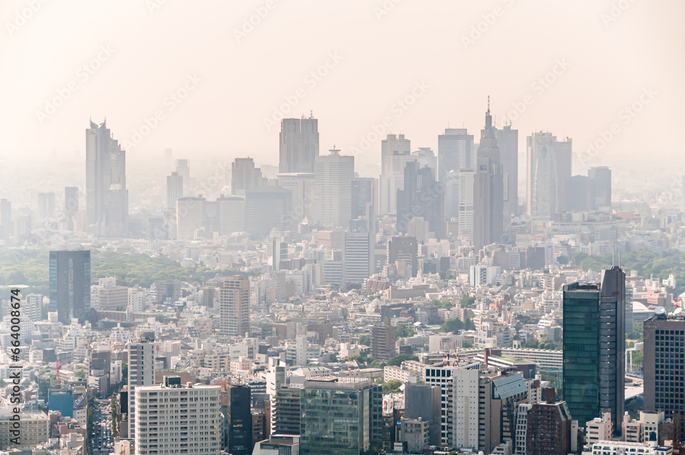 View from sky of Shinjuku buildings & skyscrapers, business district, in smog fog, Tokyo, Japan