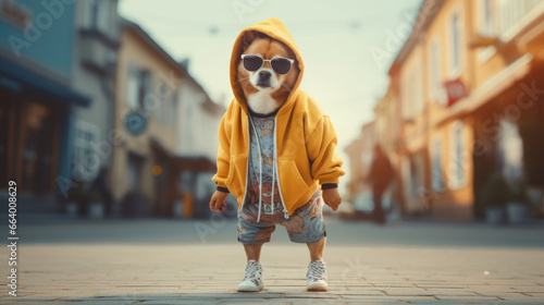 Dog Walking on a sidewalk in costume,  in the style of hip hop aesthetics