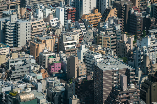 View from sky of Tokyo buildings & houses, residential, Japan 