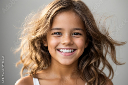 a cute beautiful young girl kid smiling with clean teeth. used for a dental ad. teen with fresh stylish long hair. isolated on white background.