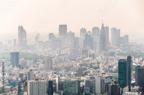 View from sky of Shinjuku buildings & skyscrapers, business district, in smog fog, Tokyo, Japan photo