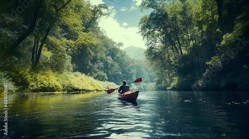 A kayaker peacefully paddling through a serene river surrounded by nature. © mattegg