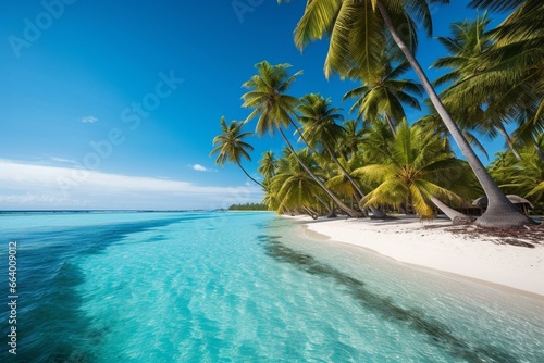 Secluded tropical beach with mesmerizing turquoise waters and swaying palm trees. Generative AI