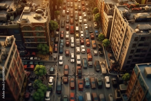 Busy urban streets, overhead parking. Generative AI