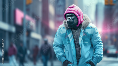 Gorilla Walking on a sidewalk in costume,  in the style of hip hop aesthetics photo