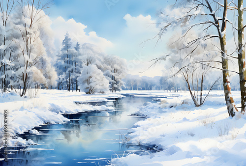 Winter Wonderland, A Serene Watercolor Landscape with Sunlit Trees and a Lake