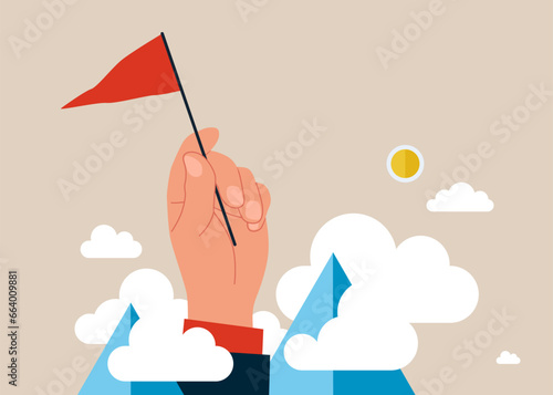 Success leadership. Hand with flag against the background of mountains, Modern vector illustration in flat style. Vector illustration