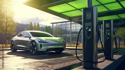 An electric vehicle charging at a high-speed charging station.