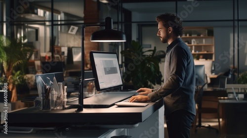 A photo of an employee working at a standing desk in a modern office