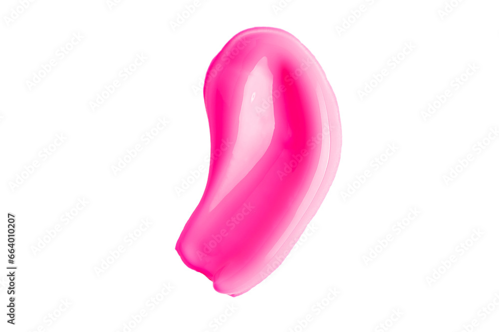 Deep pink swatch of lip gloss, cosmetic product stroke or paint, macro. Swatches of bright pink lipgloss or paint isolated on white paper background. Deep pink swatch of lip gloss, cosmetic product stroke or paint, macro. Swatches of bright pink lipgloss or paint isolated on white paper background.