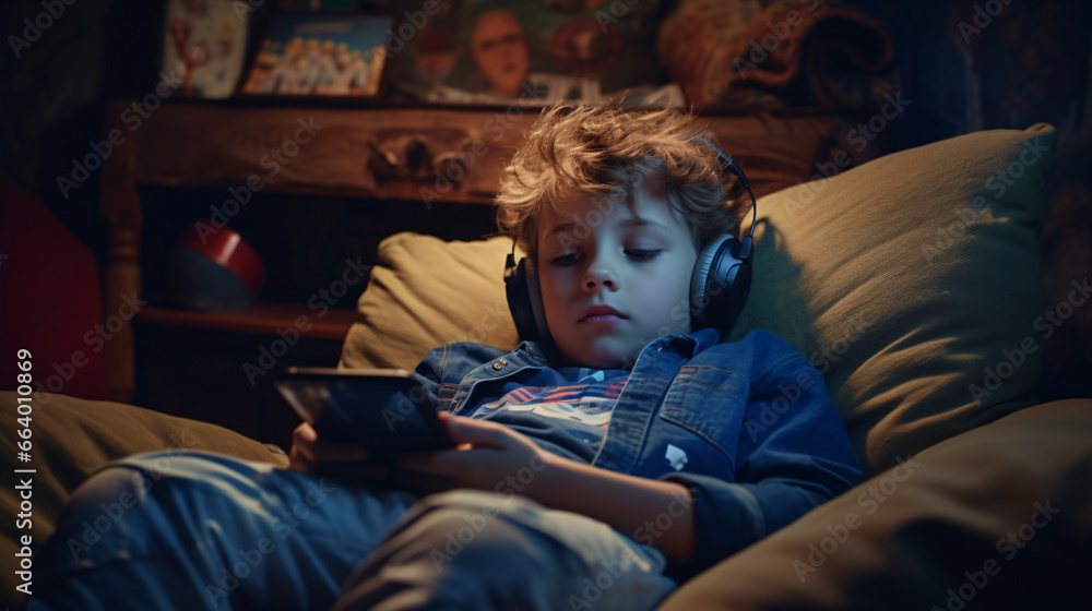 From early morning, a technologically proficient youth lounges on the sofa at home dependent on digital devices. From early morning, a technologically proficient youth lounges on the sofa at home dependent on digital devices.