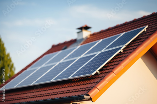 New photovoltaic system on the roof of suburban house. Modern eco friendly passive house with solar panels on the gable roof photo