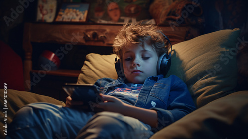 From early morning, a technologically proficient youth lounges on the sofa at home dependent on digital devices.