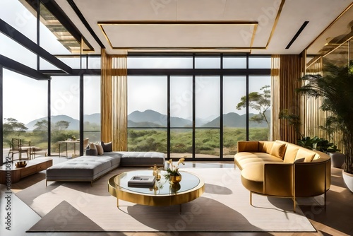 living room with gold steps and large windows, allowing for idyllic countryside views © Sana