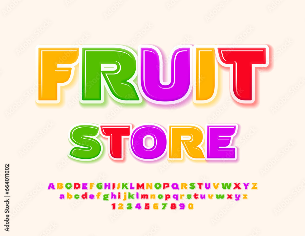 Vector business logo Fruit Store. Set of bright Alphabet Letters and Numbers. Colorful glossy Font Vector business logo Fruit Store. Set of bright Alphabet Letters and Numbers. Colorful glossy Font