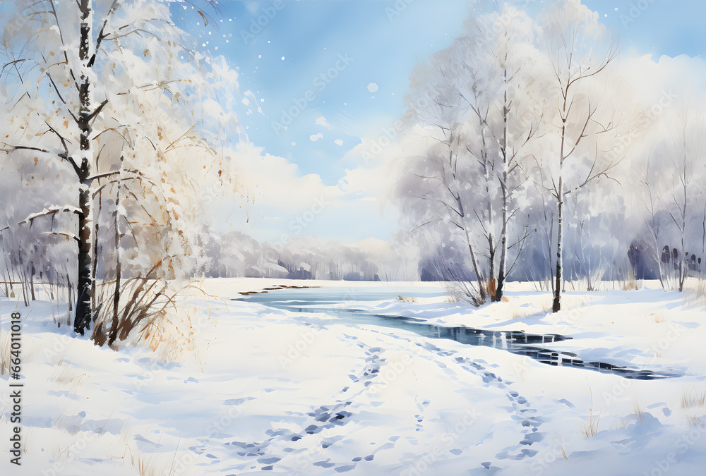 Sunny Winter Wonderland, A Radiant Watercolor Landscape