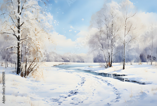 Sunny Winter Wonderland, A Radiant Watercolor Landscape