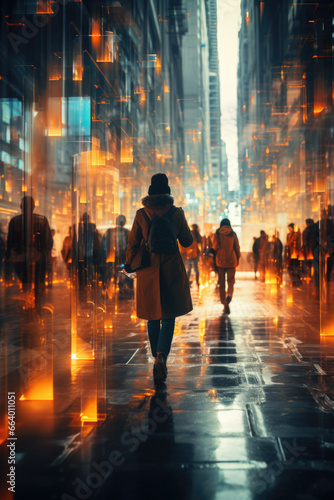 Businesspeople walking on a blurry street