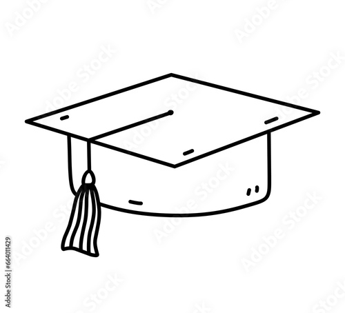 Graduation hat isolated on white background. University or college cap for degree ceremony. Vector hand-drawn illustration in doodle style. Perfect for logo, decorations, various designs.