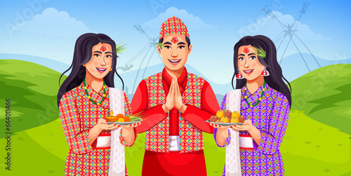 illustration of Nepali people celebrating Vijayadashami festival of Nepal. People swinging on Dashain festival background