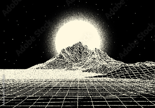 Retro dotwork landscape with 80s styled sun, grid mountains and stars background from old sci-fi book or poster.