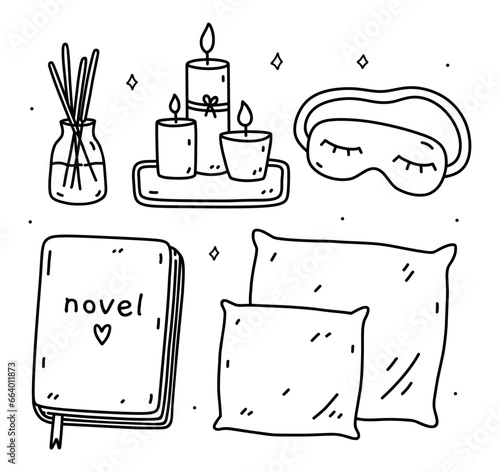 A set of relaxation items - aroma candles, essential oil, a sleep mask, pillows and a novel. Me time, self care, slow life concept. Vector hand-drawn illustration in doodle style.