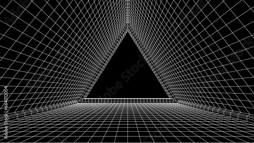 Abstract 80s styled computer background. Sci-fi architecture interior with retro lines. Synthwave or retrowave grid room.