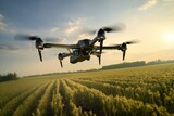 Innovative technology in modern agriculture. Drone flying over a crop field.