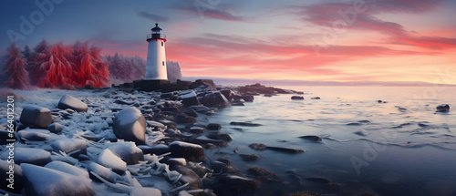 Serenity at Sunset, Majestic Lighthouse Decorates Calm Winter Seascape