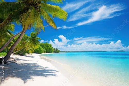 Exotic tropical beach with turquoise water, white sand, and palm tree shadows.