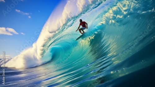 A surfer gracefully rides a perfect wave at a popular surf spot. © mattegg