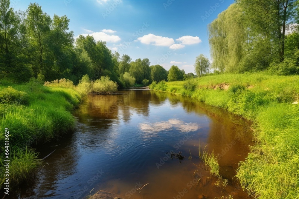 Stunning summer scenery with a serene river, lush meadow, dense forest, and clear blue sky in vibrant warm hues. A picturesque landscape masterpiece. Generative AI