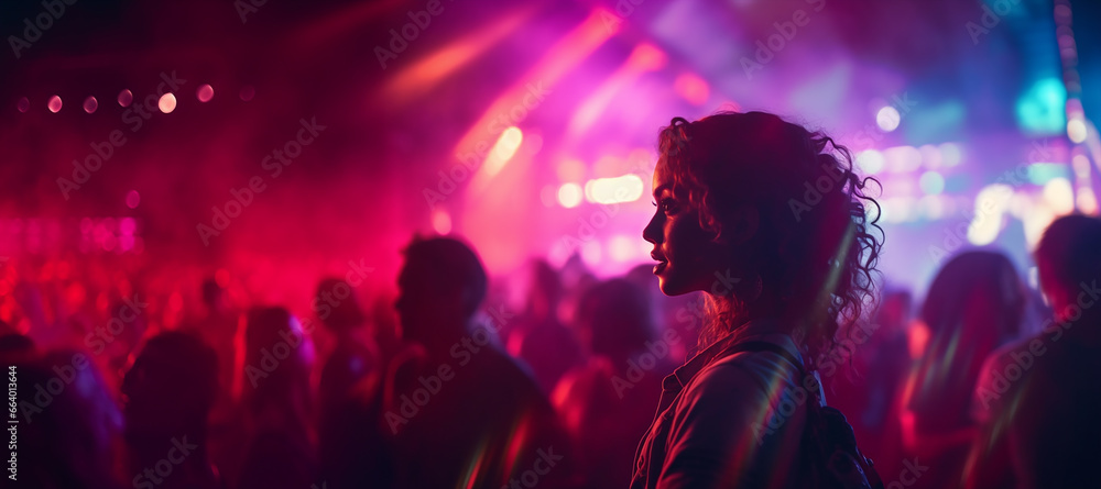 silhouette portrait of a girl in a show music concert, with a crowded scene people in the background