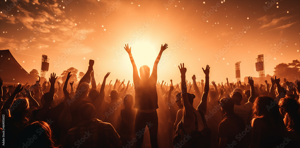 many people at a music concert, waving hands and dancing together, neon red night colors many people at a music concert, waving hands and dancing together, neon red night colors