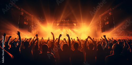 many people at a music concert, waving hands and dancing together, neon red night colors