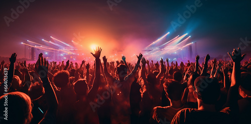 many people at a music concert, waving hands and dancing together, neon night colors