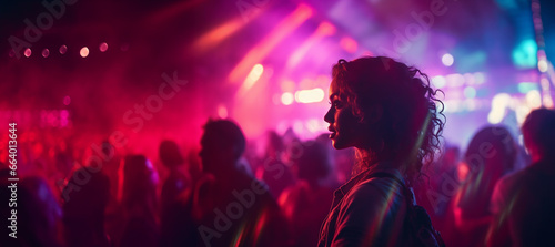 silhouette portrait of a girl in a show music concert, with a crowded scene people in the background