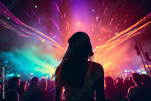 silhouette portrait of a girl in a show music concert, with a crowded scene people in the background